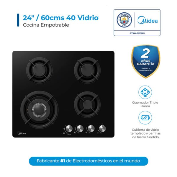 Cocina Empotrable 24"/60cms 40 Vidrio Temp Negro