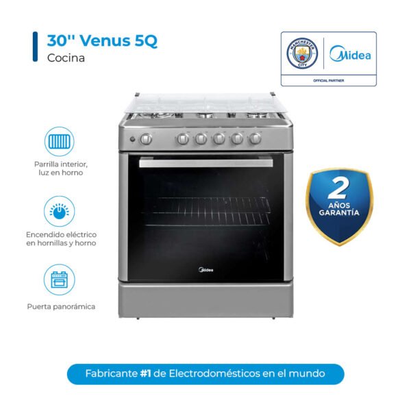 Cocina a gas 30" Venus 5Q Negra